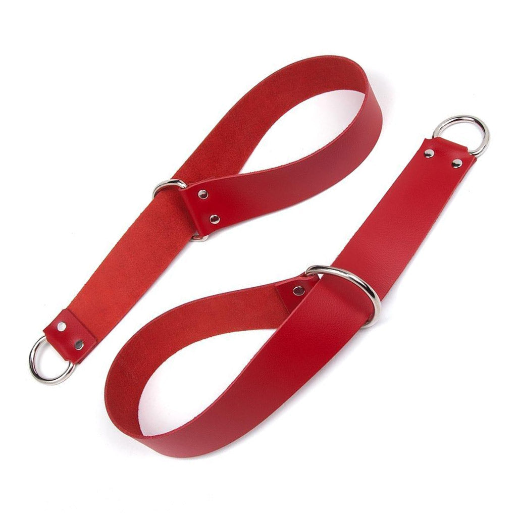 A pair of General Purpose Bondage Straps are shown against a blank background. They are wide strips of red leather with a metal D-ring on each end. The strip has been looped through one of the D-rings to create a cuff shape.