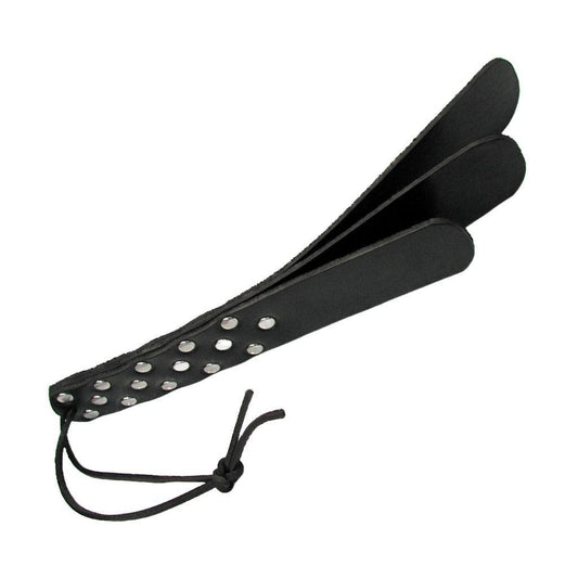 The 3-Ply Leather Slapper is shown against a blank background. The slapper is shaped like a rectangle with curved edges. The handle splits into 3 parallel pieces of leather with different heights. The handle has metal studs and a small wrist loop.