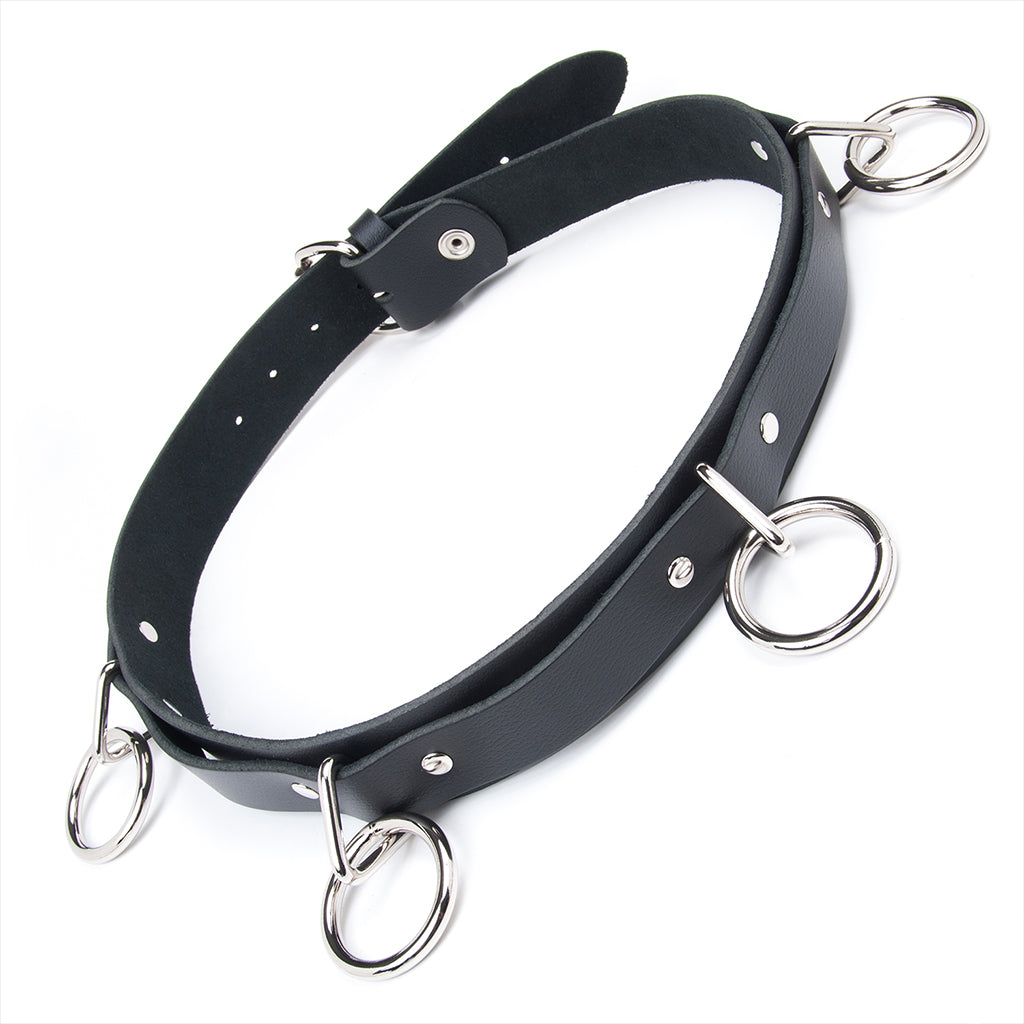 The black leather Punk Bondage Belt from The Stockroom, which has O-rings dangling off of it, is displayed against a white background.