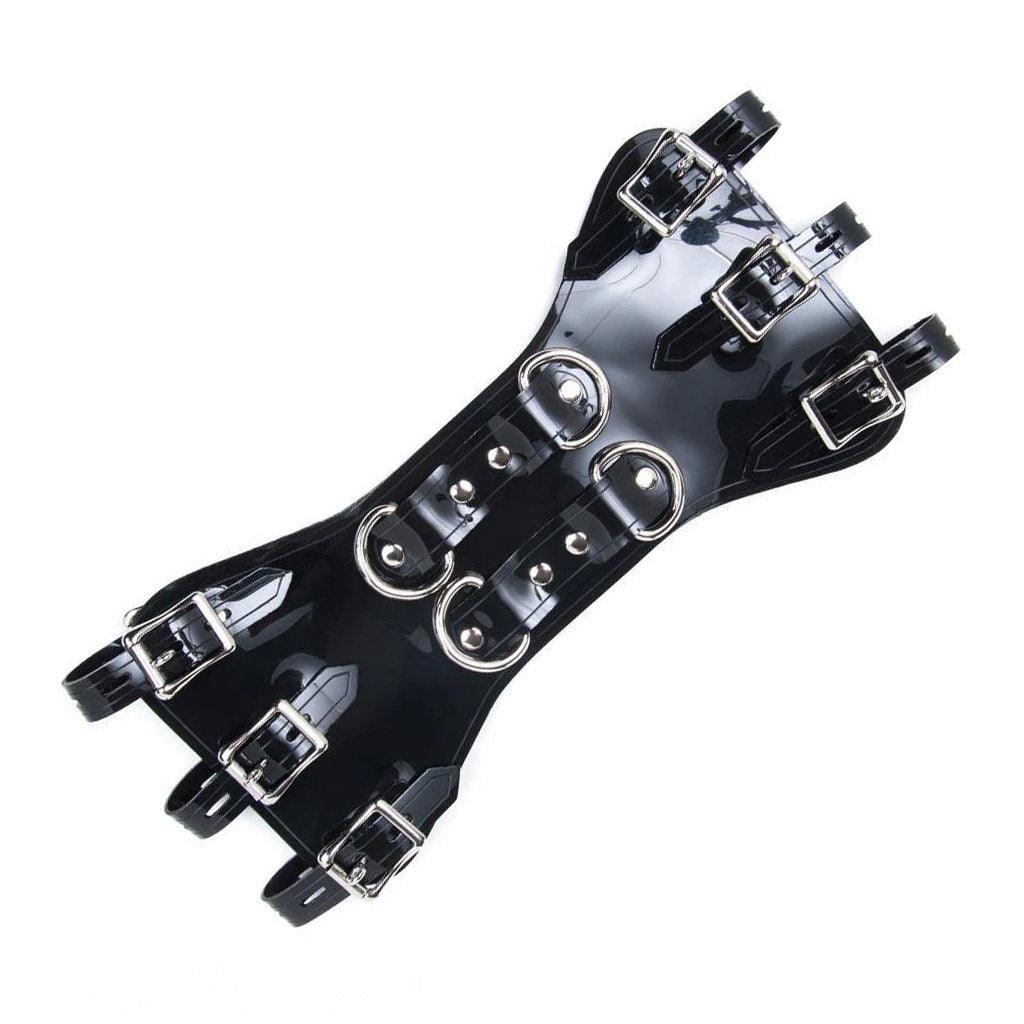 The Black PVC Waist Cincher is displayed against a blank background. It is made of shiny PVC and silver metal hardware, including lockable buckles and D-rings.