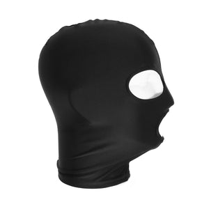 The Spandex Hood With Open Mouth And Eyes is displayed on a mannequin and shown from the side against a blank background.