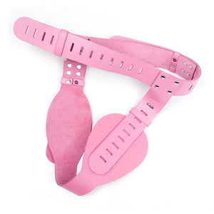The Deluxe Female Chastity Belt in Pink Leather is shown against a blank background.
