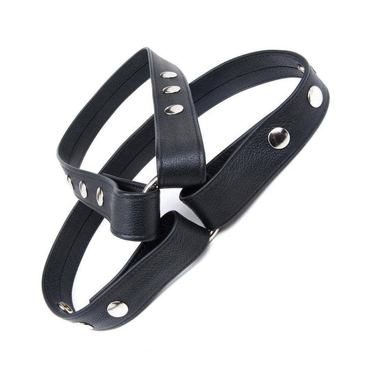 The Contender Leather BDSM Chest Harness is shown against a blank background. It is made of black leather with silver hardware.