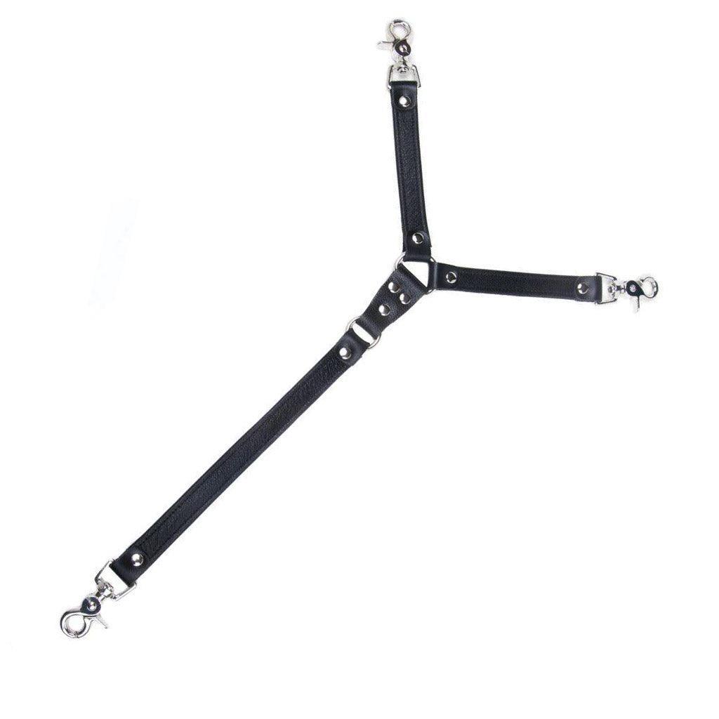 The black Premium Garment Leather Tether is shown against a blank background. The tether is shaped like a 'Y,' with two shorter leather strips connected to a longer one by an O-ring. Each leather strip has a snap hook at the end.