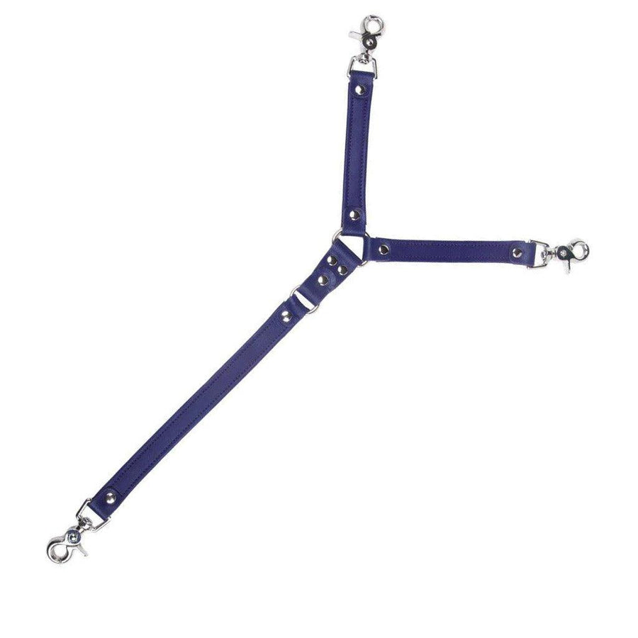 The purple Premium Garment Leather Tether is shown against a blank background. The tether is shaped like a 'Y,' with two shorter leather strips connected to a longer one by an O-ring. Each leather strip has a snap hook at the end.