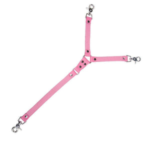 The pink Premium Garment Leather Tether is shown against a blank background. The tether is shaped like a 'Y,' with two shorter leather strips connected to a longer one by an O-ring. Each leather strip has a snap hook at the end.