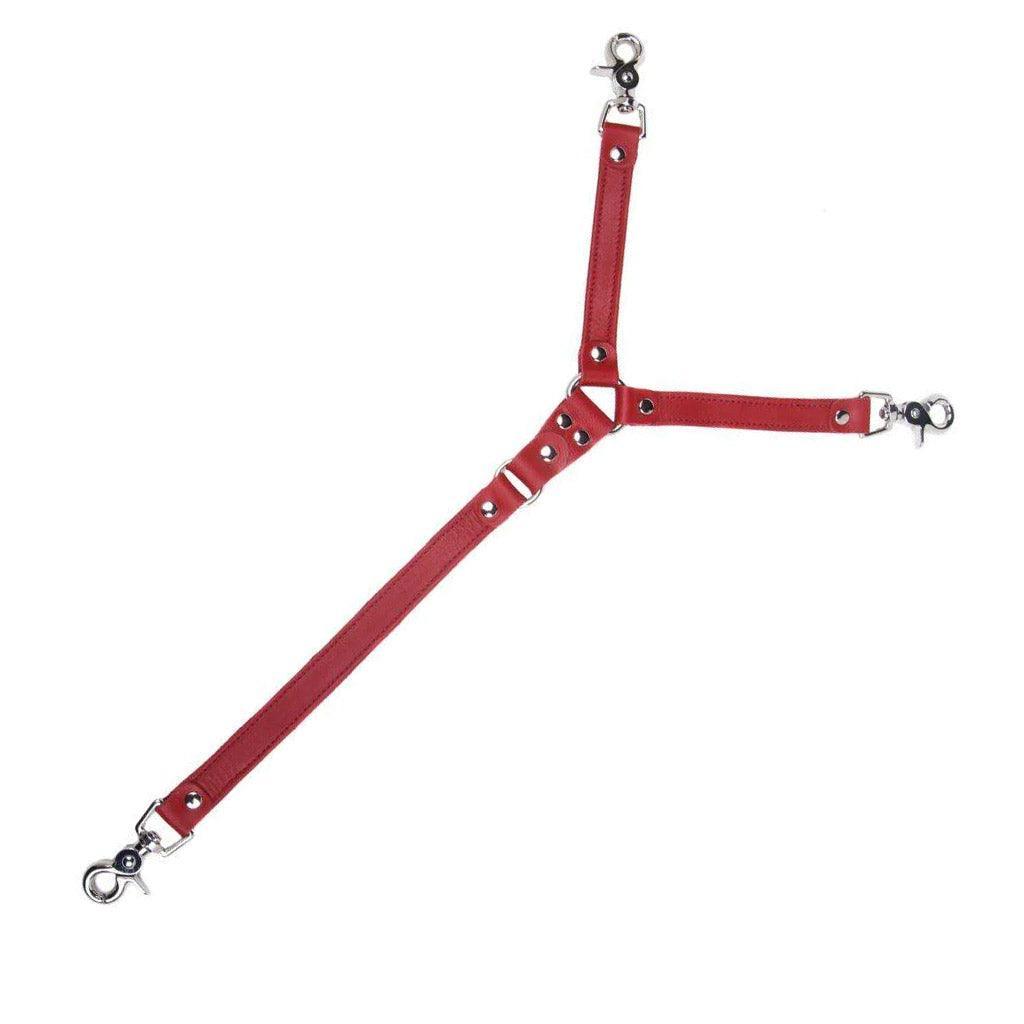 The red Premium Garment Leather Tether is shown against a blank background. The tether is shaped like a 'Y,' with two shorter leather strips connected to a longer one by an O-ring. Each leather strip has a snap hook at the end.