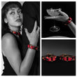 Load image into Gallery viewer, A collage of three images shows the Melanie Rose Designs x The Stockroom Wrist Cuffs against a blank background, a woman’s hand holding a cocktail glass with the wrist cuff on her wrist, and a woman wearing the wrist cuffs holding onto a person’s arm.