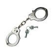 Load image into Gallery viewer, The silver Kinklab Basic Handcuffs are displayed against a blank background along with their keys. They resemble basic police cuffs with a short connecting chain.