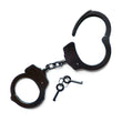 Load image into Gallery viewer, The black Kinklab Double-Lock Police-Style Handcuffs are displayed against a blank background along with their keys. They resemble basic police cuffs with a short connecting chain.