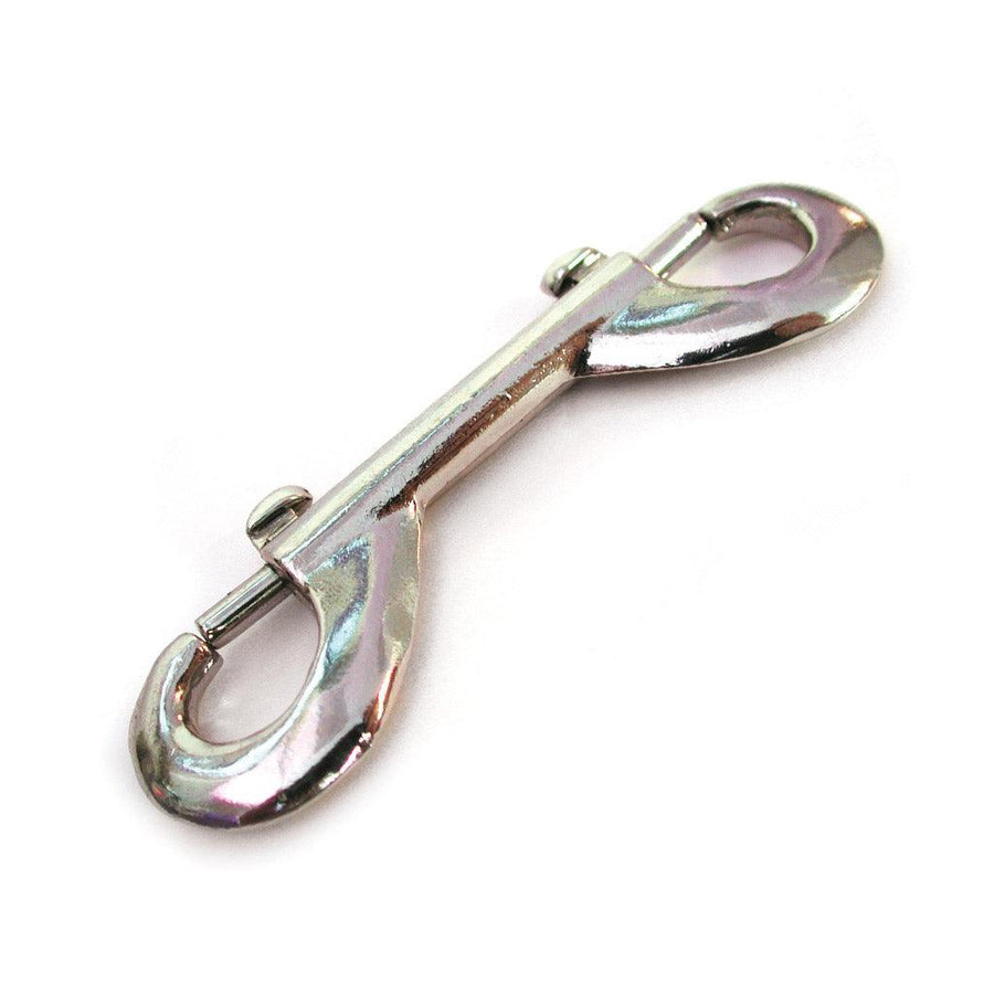 A Nickel-Plated Snap Hook is displayed against a blank background. It is a piece of silver metal with a snap hook on each end.