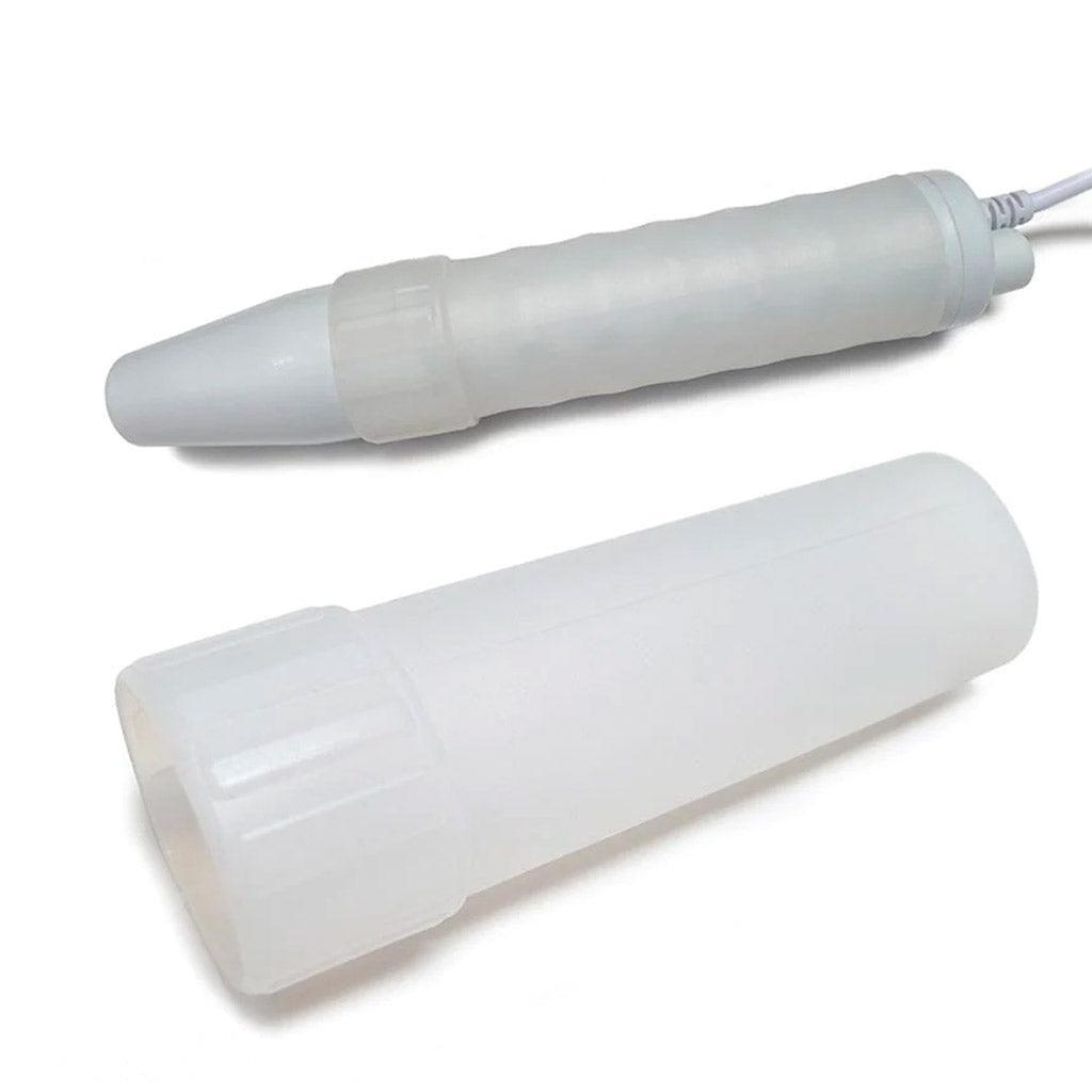 Two KinkLab Neon Wand Silicone Sleeves are shown against a blank background, one placed on a white neon wand and one by itself. The sleeve is a translucent silicone tube that fits over the handle of the Neon Wand.