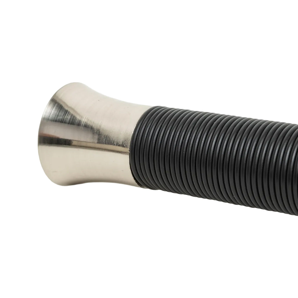Metallic handle with a coiled black rubber hose on a white background
