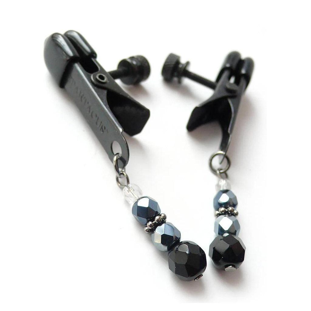 A pair of black Beaded Spring Jaw Nipple Clamps are displayed against a blank background.