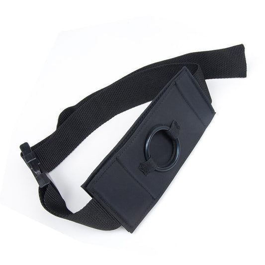 The Malibu Thigh-On Dildo Harness is displayed against a blank background. It is made of a black nylon strap with a wider, rectangular, fabric-covered piece in the center, which has a black O-ring.