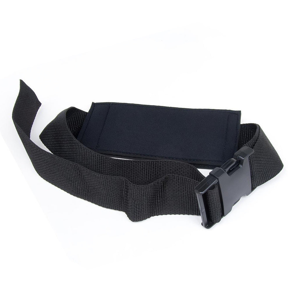 The Malibu Thigh-On Dildo Harness is shown from the back against a blank background. It has an adjustable black nylon strap and a black plastic buckle closure.
