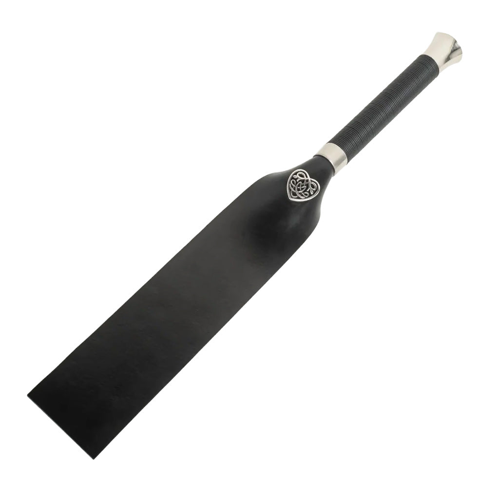 Black rubber paddle with a silver logo on a white background