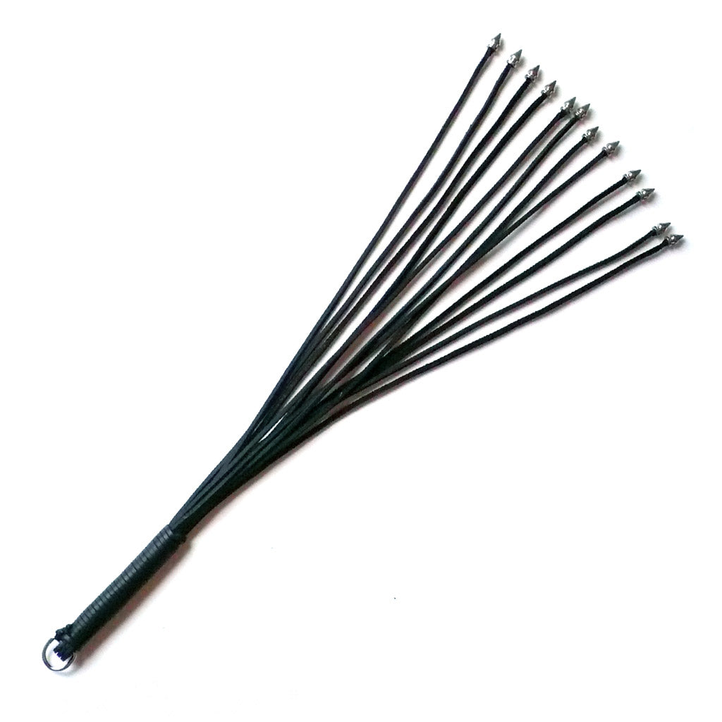The black leather 20-inch Thong Whip with Spiked Tails is displayed against a blank background. The falls are very thin and have metal spikes at the ends.
