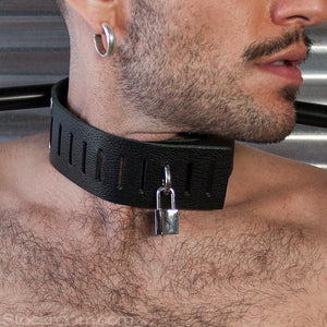 A close-up shows a man's neck in a black leather collar with a hasp closure. The collar is locked shut with the Baby Nickel Plated Padlock.