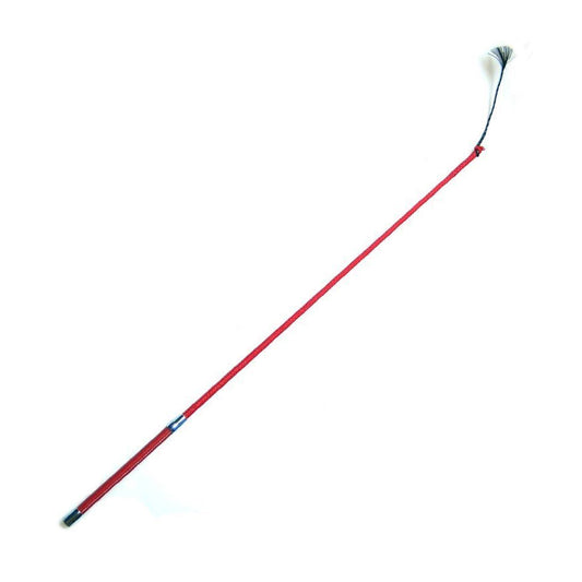 The red Flicker Whip, which has a leather-covered handle and a black nylon tassel at the end, is displayed against a blank background.