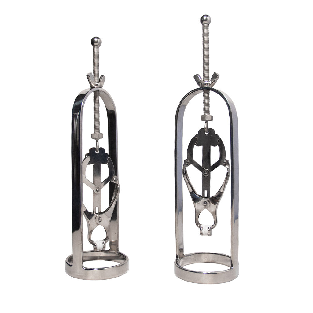 A pair of silver metal Tit Tuggers are displayed against a blank background. They consist of a Japanese Clover Clamp suspended by an adjustable screw inside a curved arch with a ring at the base.