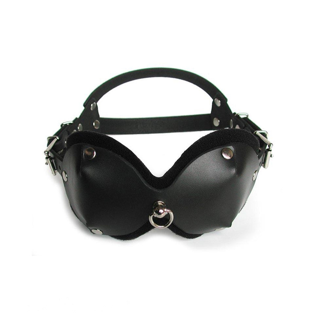 The Mistress Heather Leather Blindfold is displayed against a blank background. It is made of black leather with metal hardware. It has two adjustable straps with buckles on each side.