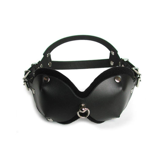 The Mistress Heather Leather Blindfold is displayed against a blank background. It is made of black leather with metal hardware. It has two adjustable straps with buckles on each side.