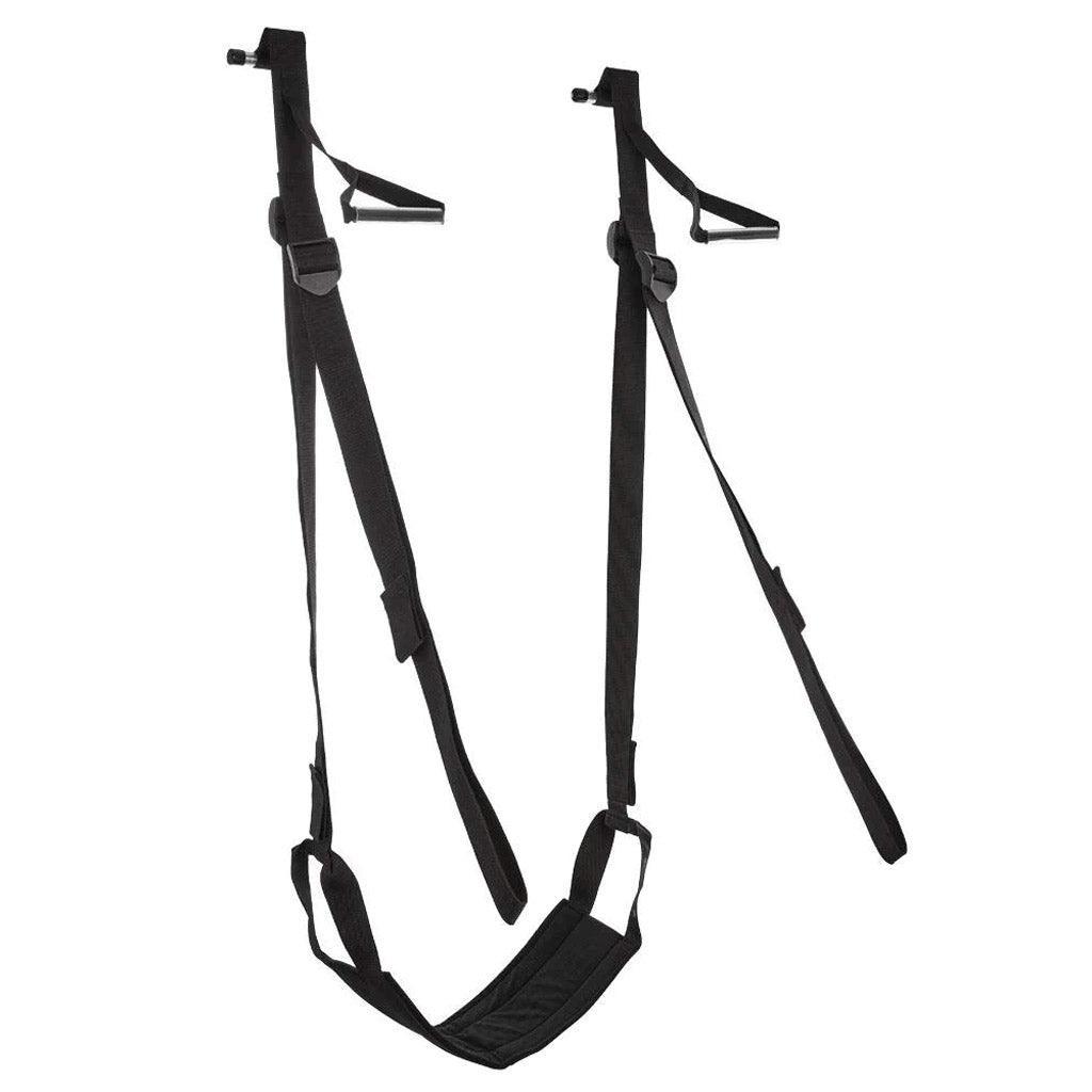 The Door Jam Sex Sling is shown against a blank background. It looks like a swing and has a seat made of black fabric. It has black nylon straps and handles.