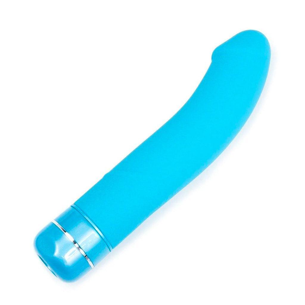 The Luxe Beau Vibrator in teal blue on a white background, seen in profile to show the length and curve of the shaft.