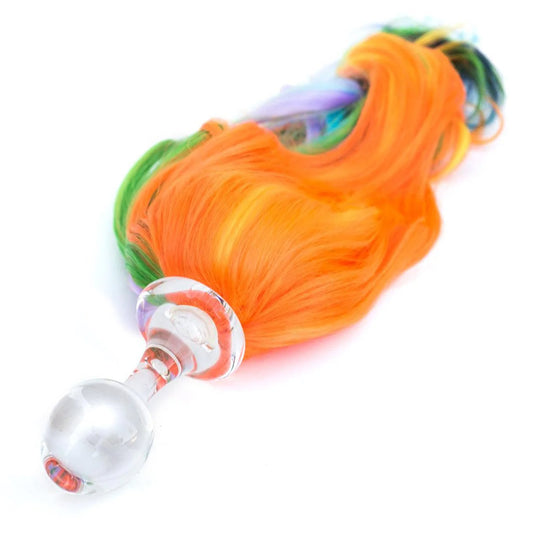 Rainbow Detachable Ponytail Glass Butt Plug