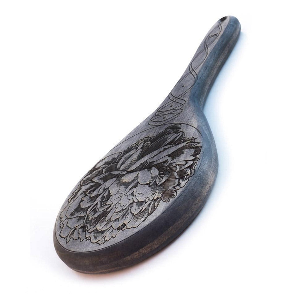 The Ebony Pine Peony Engraved Wooden Spanking Paddle is displayed against a blank background.