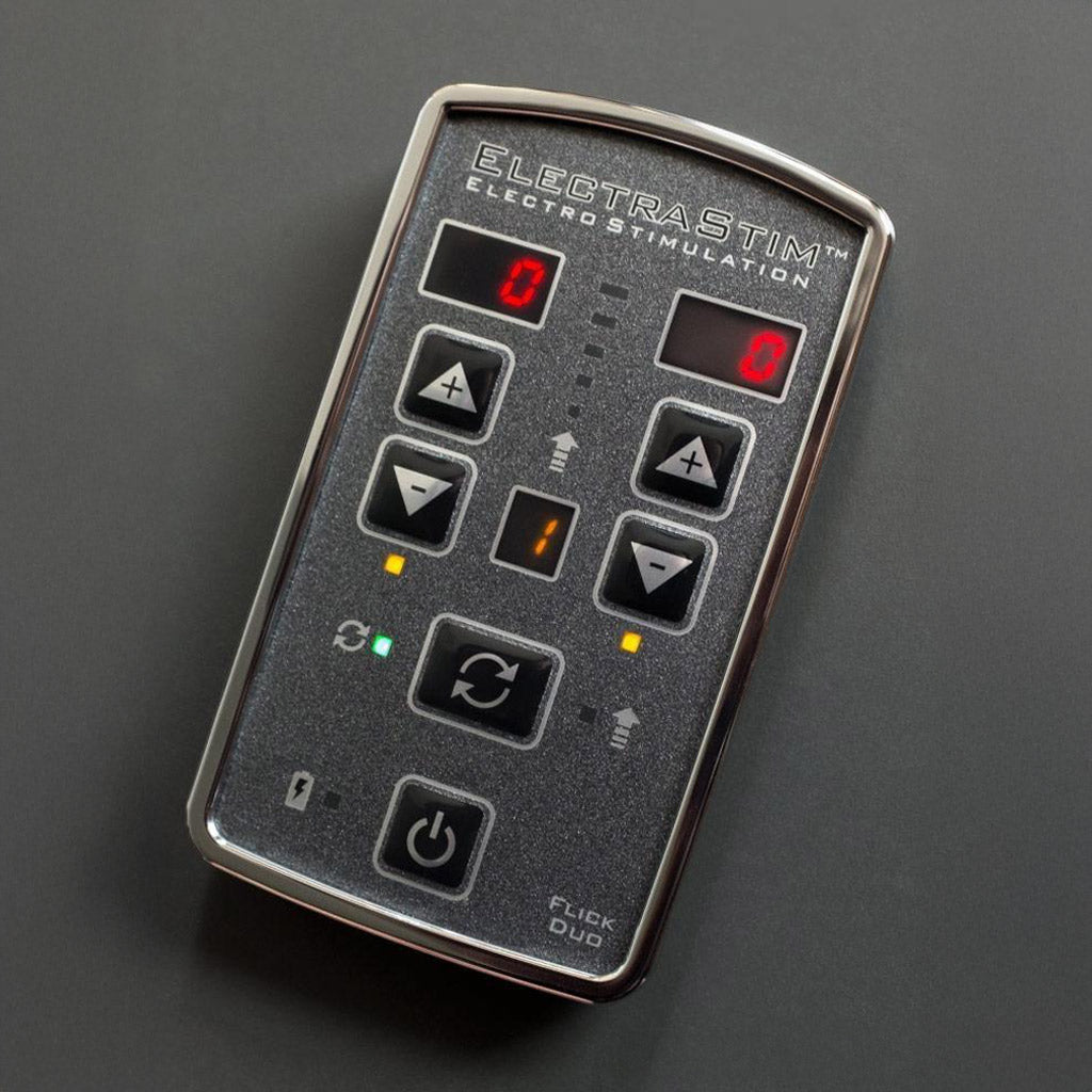 The Electrastim Flick Duo Stimulator Pack stimulator is displayed against a gray background.
