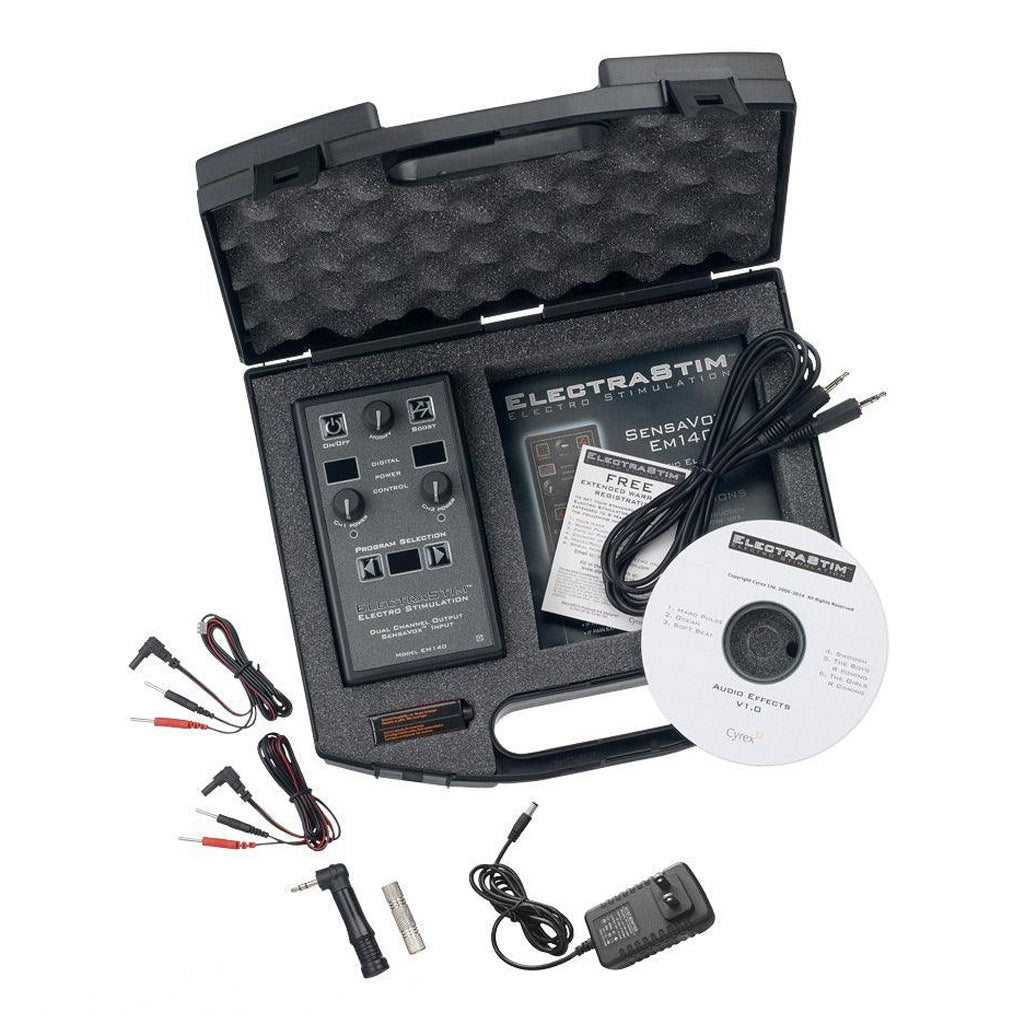 The contents of the Electrastim Sensavox are shown against a blank background. A black case lined with foam has the Sensavox in it with a manual, CD, and multiple cords. Outside the case are a charger, cords, and a small microphone.