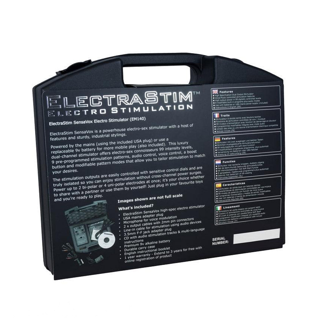 The back of the Electrastim Sensavox case is shown against a blank background. The back of the case shows a picture of the Sensavox alongside a description and a list of the case contents.