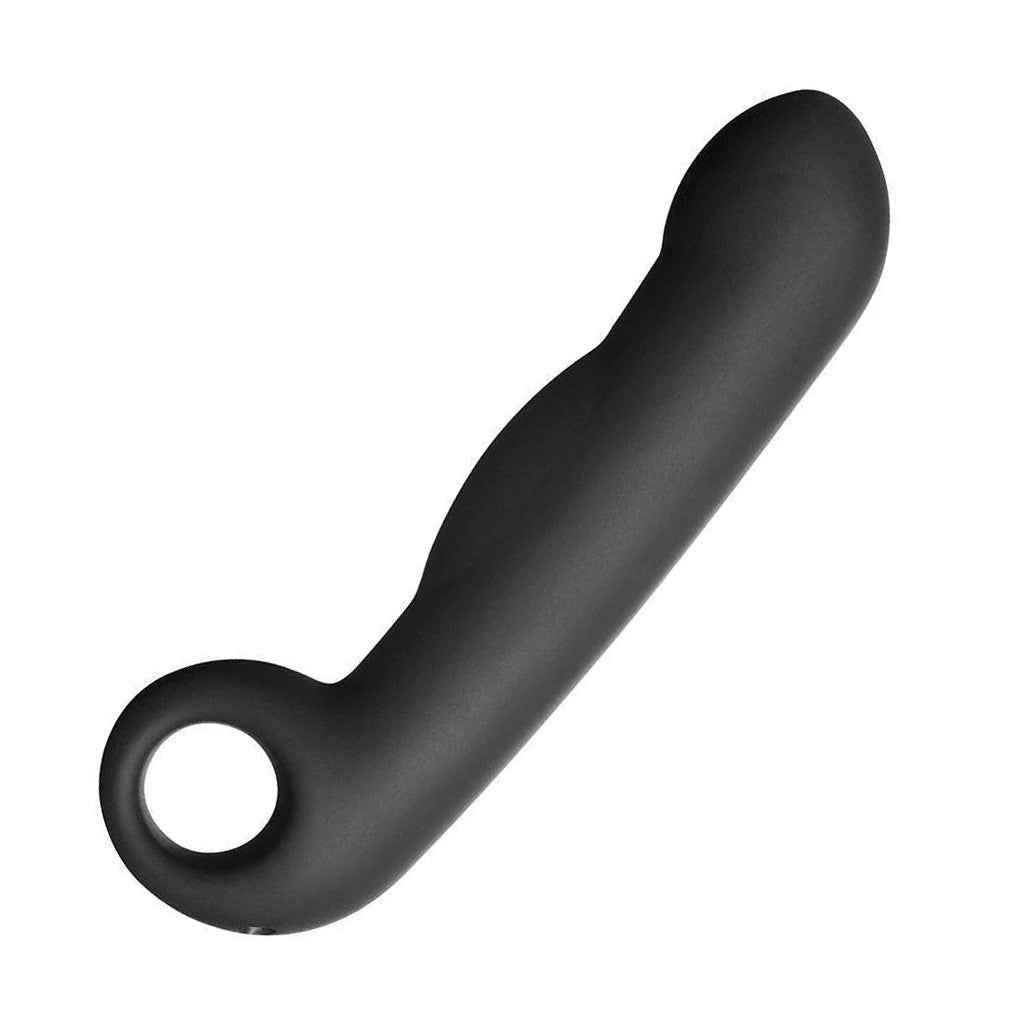 The matte black Electrastim "Ovid" Silicone Noir Dildo is displayed against a blank background. It has a bump on the shaft and a slightly pronounced head with a loop handle at the base.