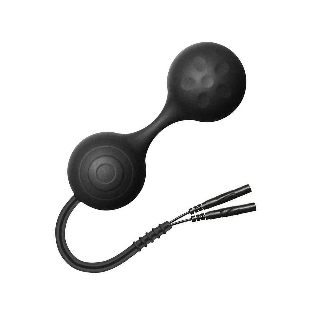 The Electrastim "Lula" Silicone Noir Kegel Excersisor is displayed against a blank background. It is a kegel ball set made of black silicone, and each ball has a slightly different texture. There is a cord with two input ports hanging from the bottom.