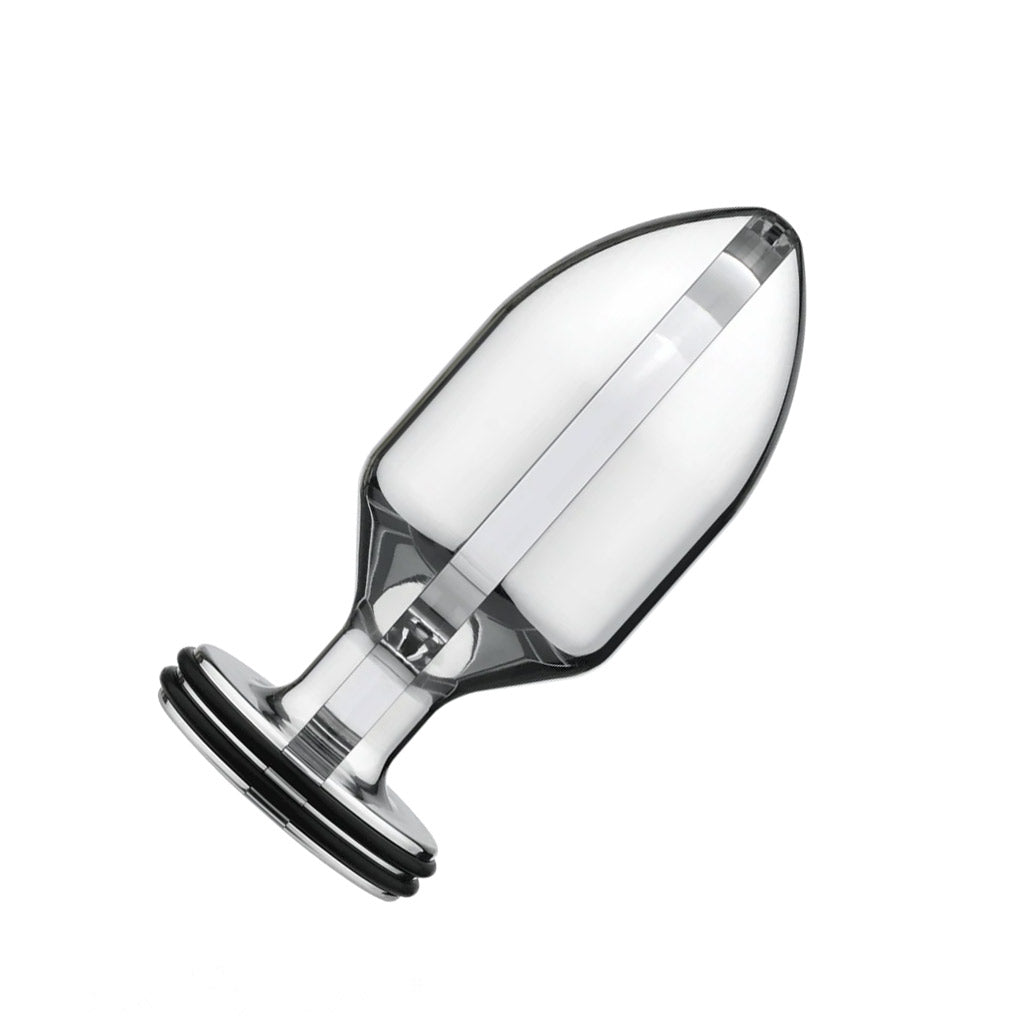 The small Electrastim Extreme Electro Butt Plug is displayed against a blank background. It is a clear tapered butt plug with a flared base.