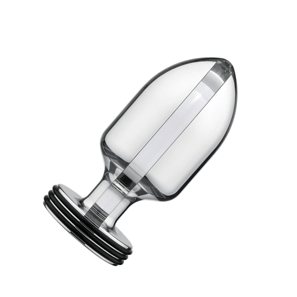 The medium Electrastim Extreme Electro Butt Plug is displayed against a blank background. It is a clear tapered butt plug with a flared base.