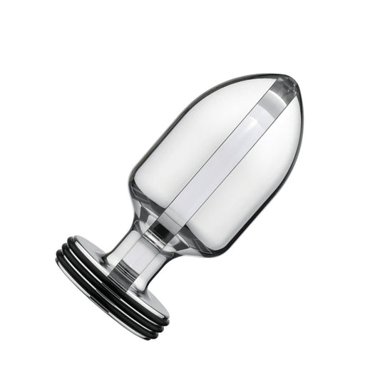 The medium Electrastim Extreme Electro Butt Plug is displayed against a blank background. It is a clear tapered butt plug with a flared base.