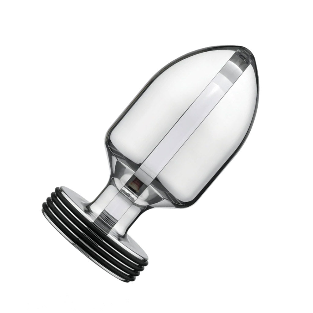 The large Electrastim Extreme Electro Butt Plug is displayed against a blank background. It is a clear tapered butt plug with a flared base.