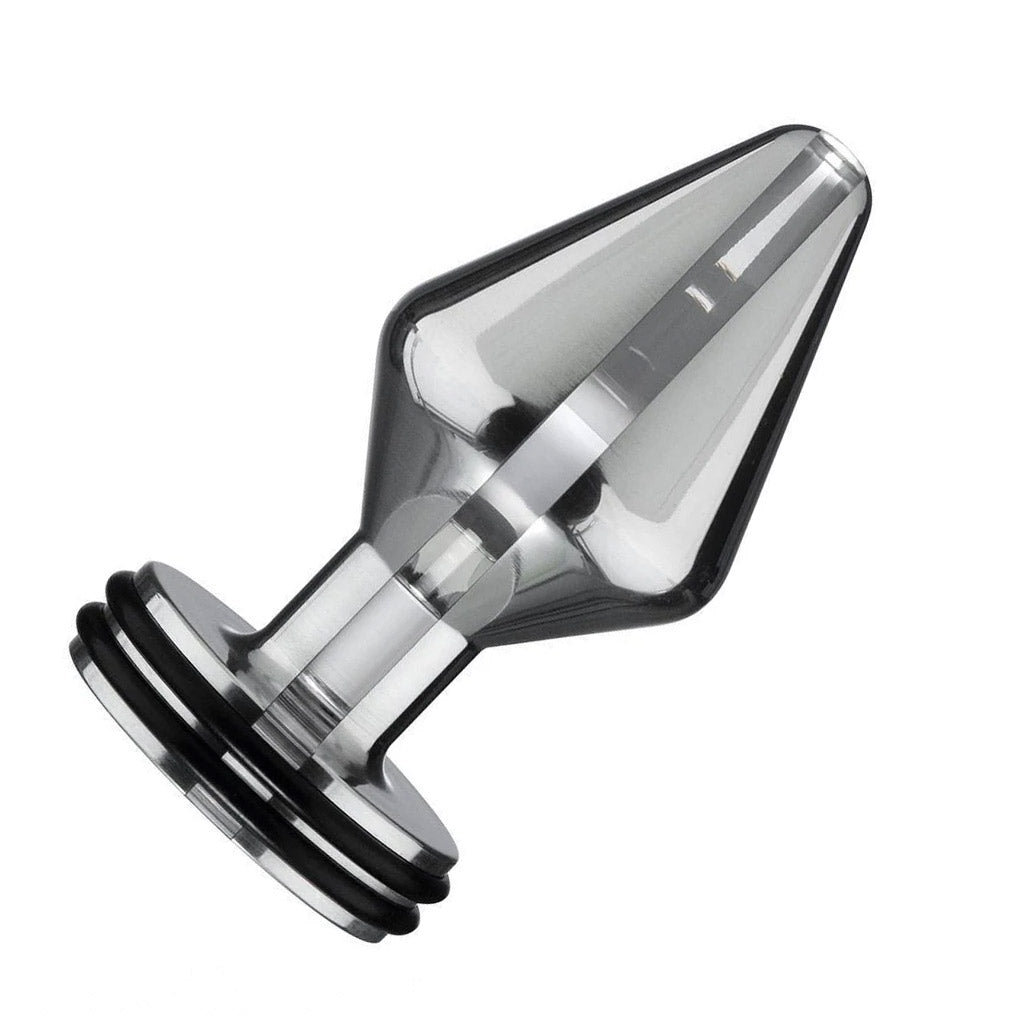 The Electrastim Electro Butt Plug is displayed against a blank background. It is a silver, conical, tapered butt plug with a thin neck and wide base.