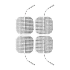 Four Electrastim Square Self Adhesive Pads are displayed against a blank background. They are white squares with thin cords coming out of them.