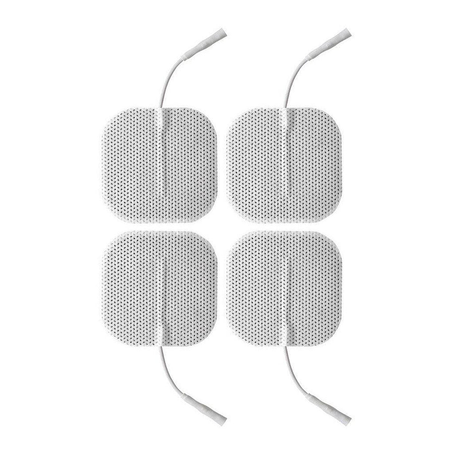 Four Electrastim Square Self Adhesive Pads are displayed against a blank background. They are white squares with thin cords coming out of them.