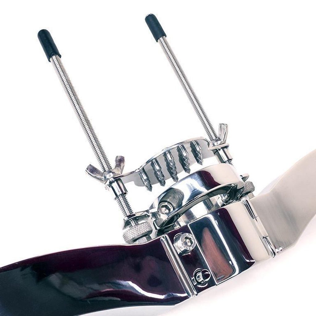 A close-up of the middle of the Ze Ultimate Humbler Stainless Steel Lockable Ball Pillory is shown from the back against a blank background.