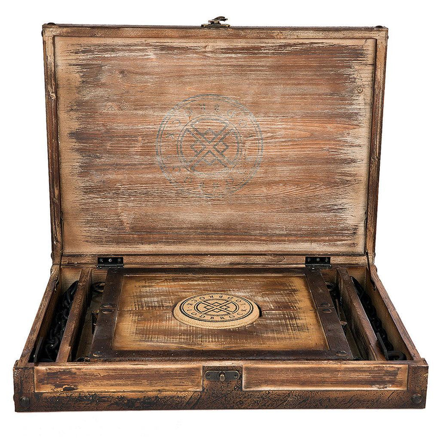 The Medieval Dungeon Wood Neck Stockade Set With Case is displayed against a blank background. The case is a wooden box that is propped open, showing the stockade inside. The Schlossmiester brand logo is printed on the interior of the box’s lid.