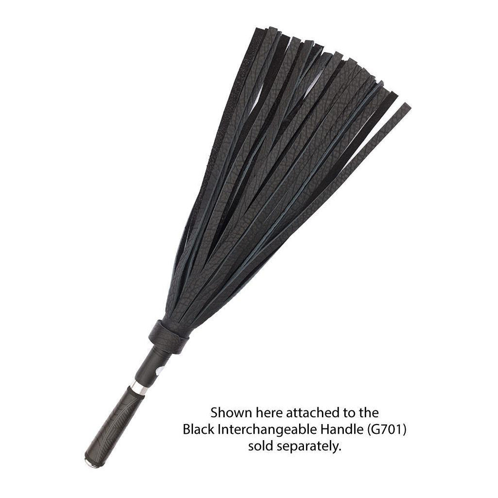 The Black Leather Bison Hide Interchangeable Flogger with ½ inch falls is displayed against a blank background, connected to the Black Interchangeable Handle.