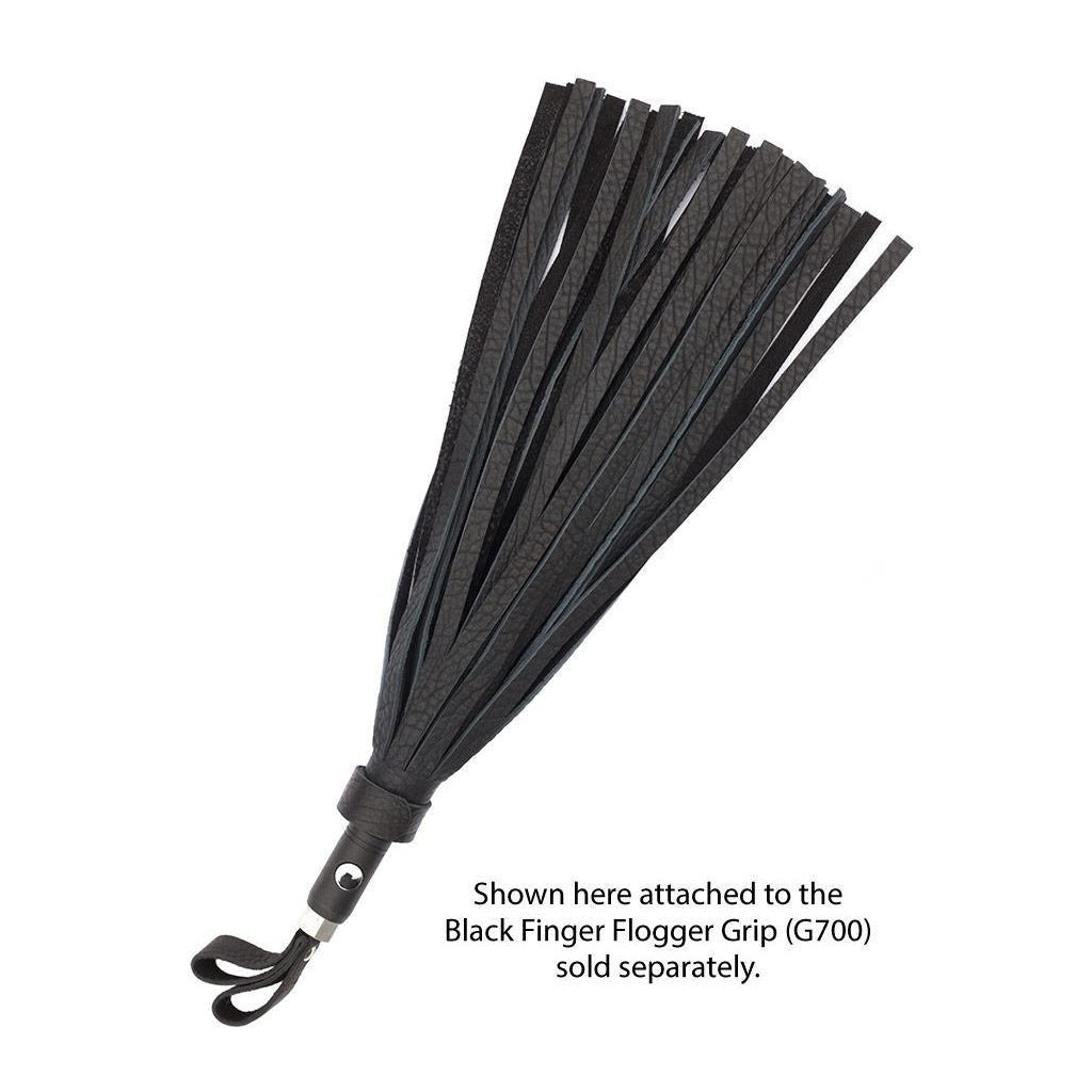 The Black Leather Bison Hide Interchangeable Flogger with ½ inch falls is displayed against a blank background, connected to the Black Finger Flogger grip.