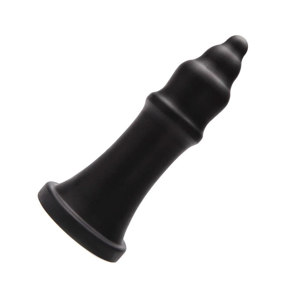 The black Tantus The Queen XL Silicone Dildo is shown agaist a white background.