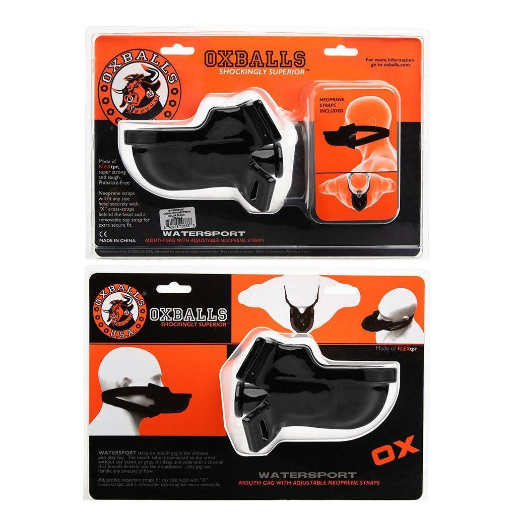 The packaging for the Watersport Mouth Gag With Adjustable Neoprene Straps from Oxballs, which has drawings of the gag in use, is displayed against a blank background.