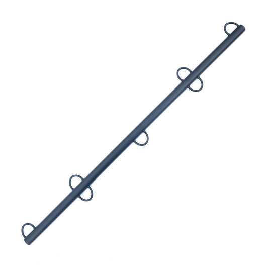 The Matte Black Multi-Purpose Spreader Bar against a white background. It is a metal bar with seven metal loops on it, four on one side and three on the other.